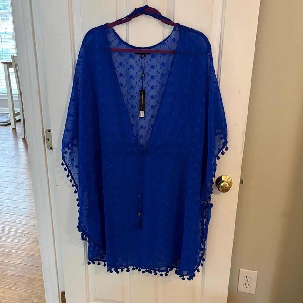 Blue Sheer Pom Pom Cover-Up